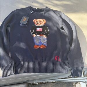 Polo by Ralph Lauren Navy Bear Intarsia Crewneck Sweater with Red RL Detail